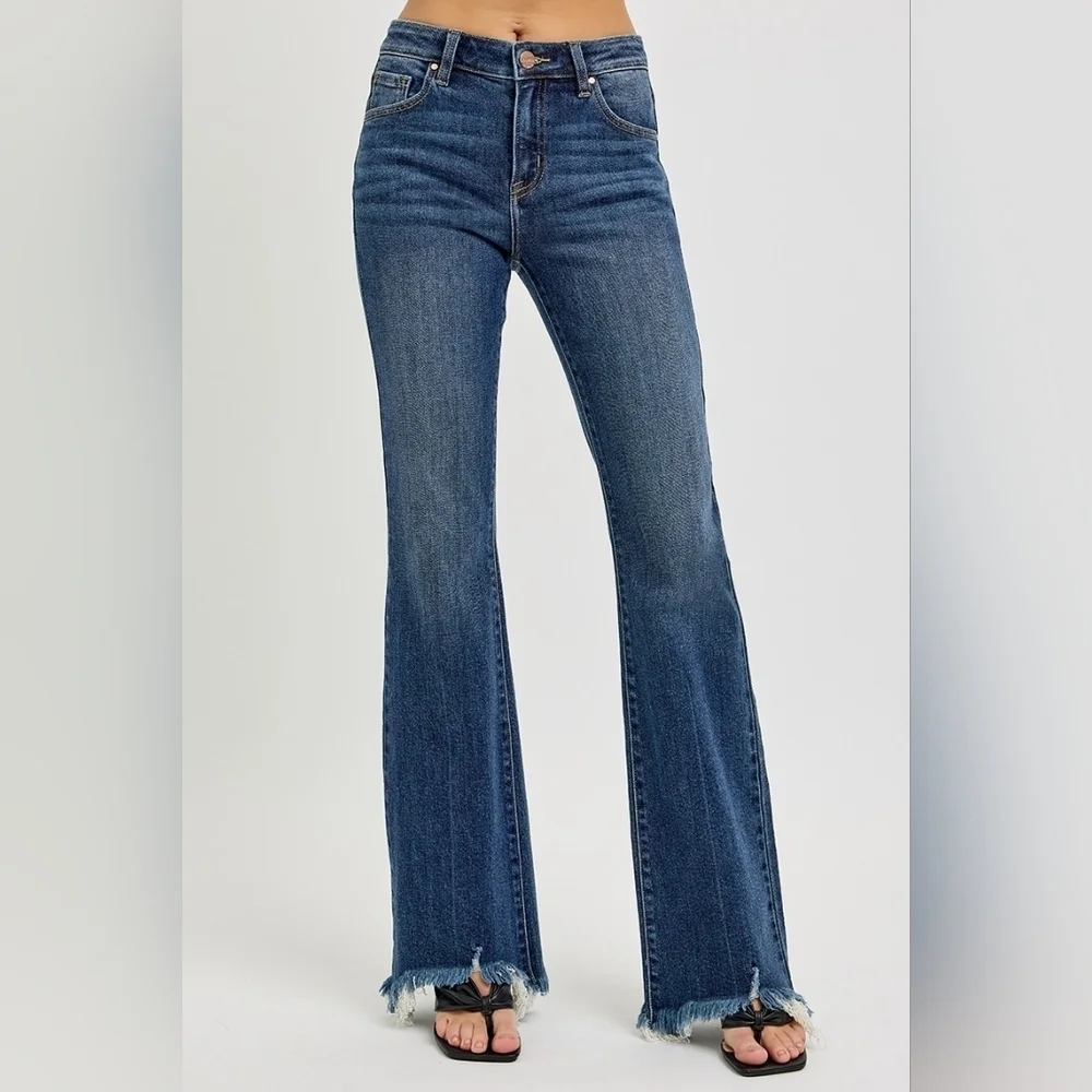 RISEN Mid Rise Dark Wash Flare Jeans Frayed Shredded Hems Retail Various NEW